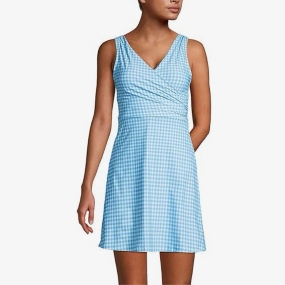 Land’s End NWOT Surplice Swim‎ Dress Blue Gingham Size 10